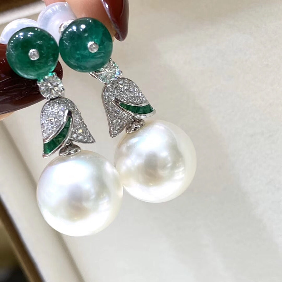 Emerald And South Sea pearl earrings