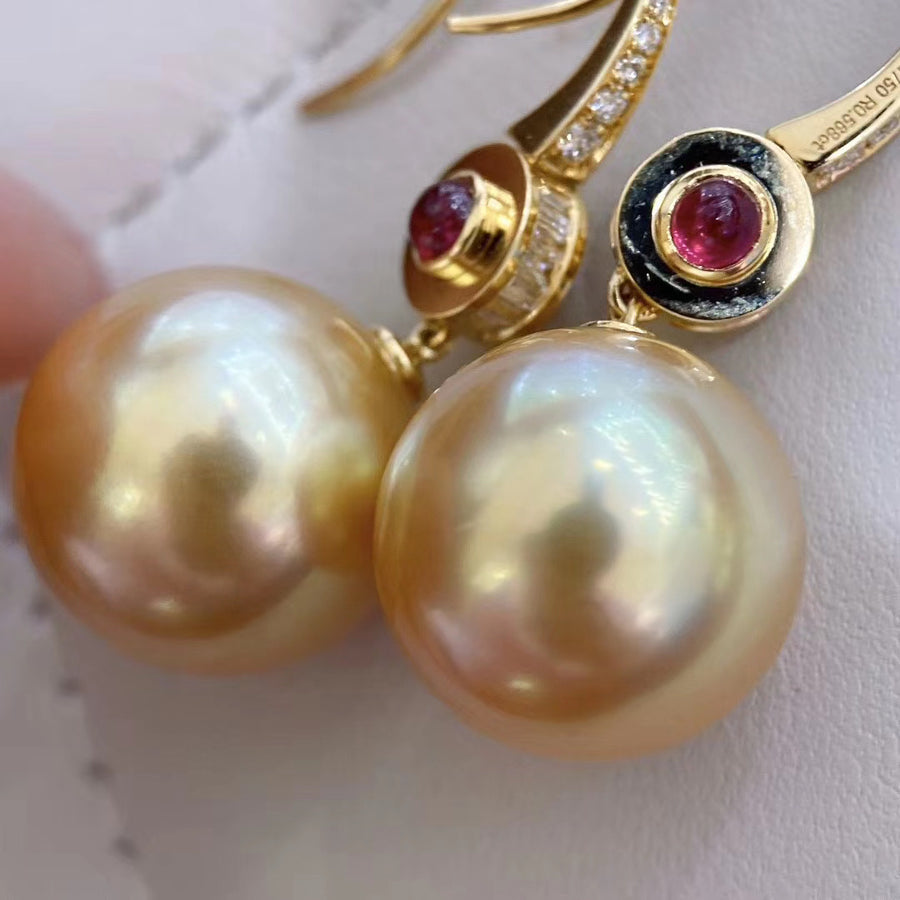 Ruby and Intense Golden south sea pearl Earrings