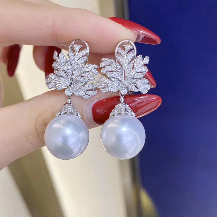 Diamond leaves with south sea pearl earrings