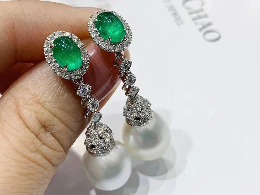 Emerald & South Sea pearl Earrings/Ear Studs
