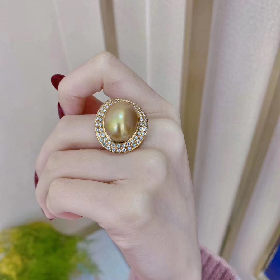 Diamond and Golden south sea Keshi pearl Ring