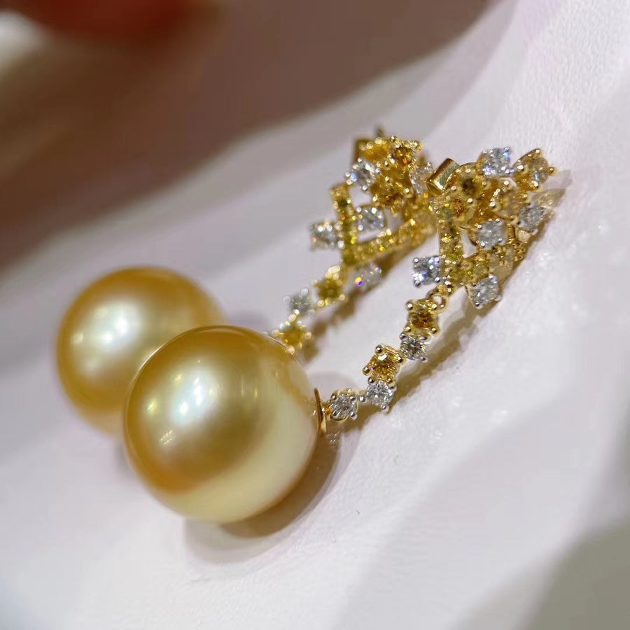 Diamond and Intense Golden south sea pearl Earrings