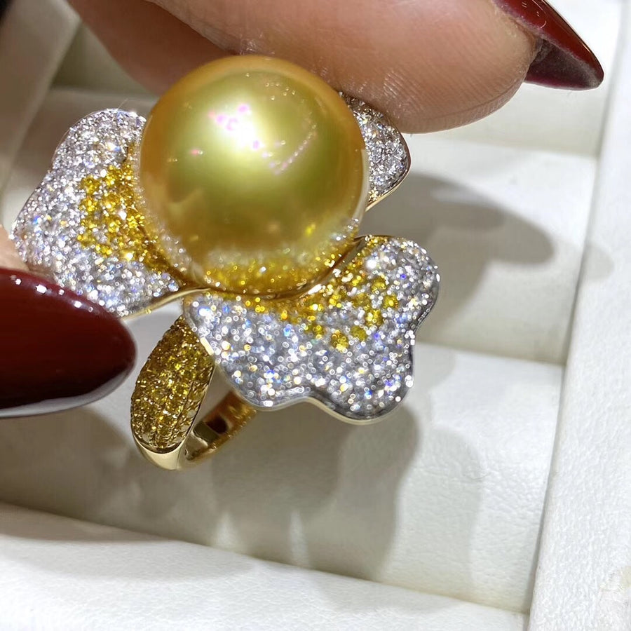 Diamond and golden south sea pearl ring