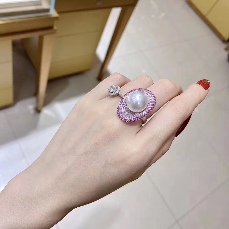 Pink sapphires and South Sea pearl Ring