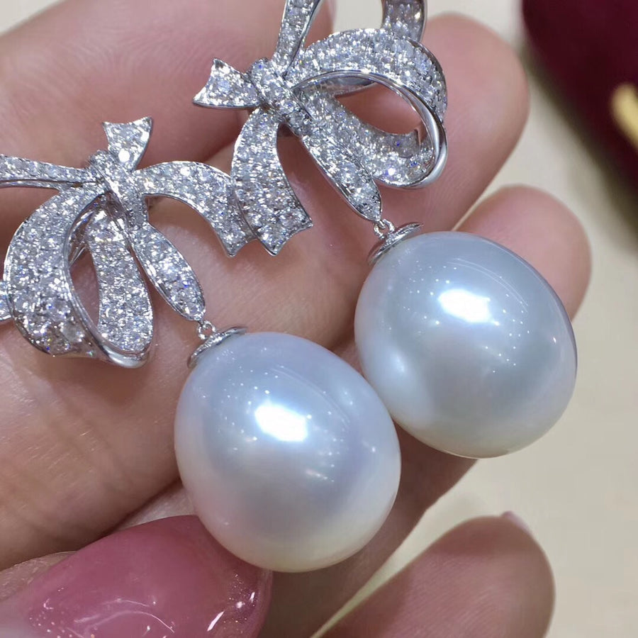 Diamond Bow South Sea Pearl Earrings