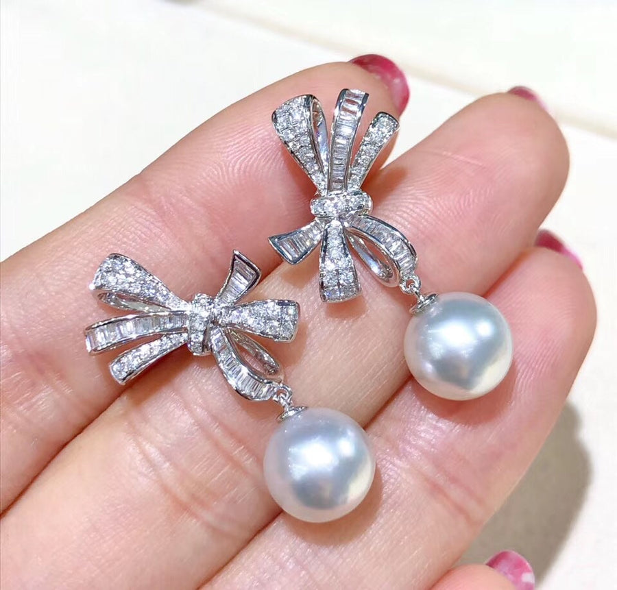 Diamond ribbon south sea pearl earrings