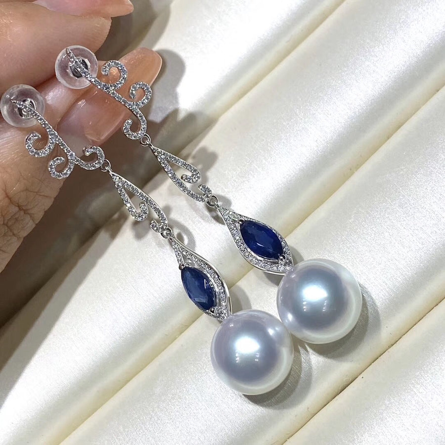 Blue Sapphire South Sea pearl earrings