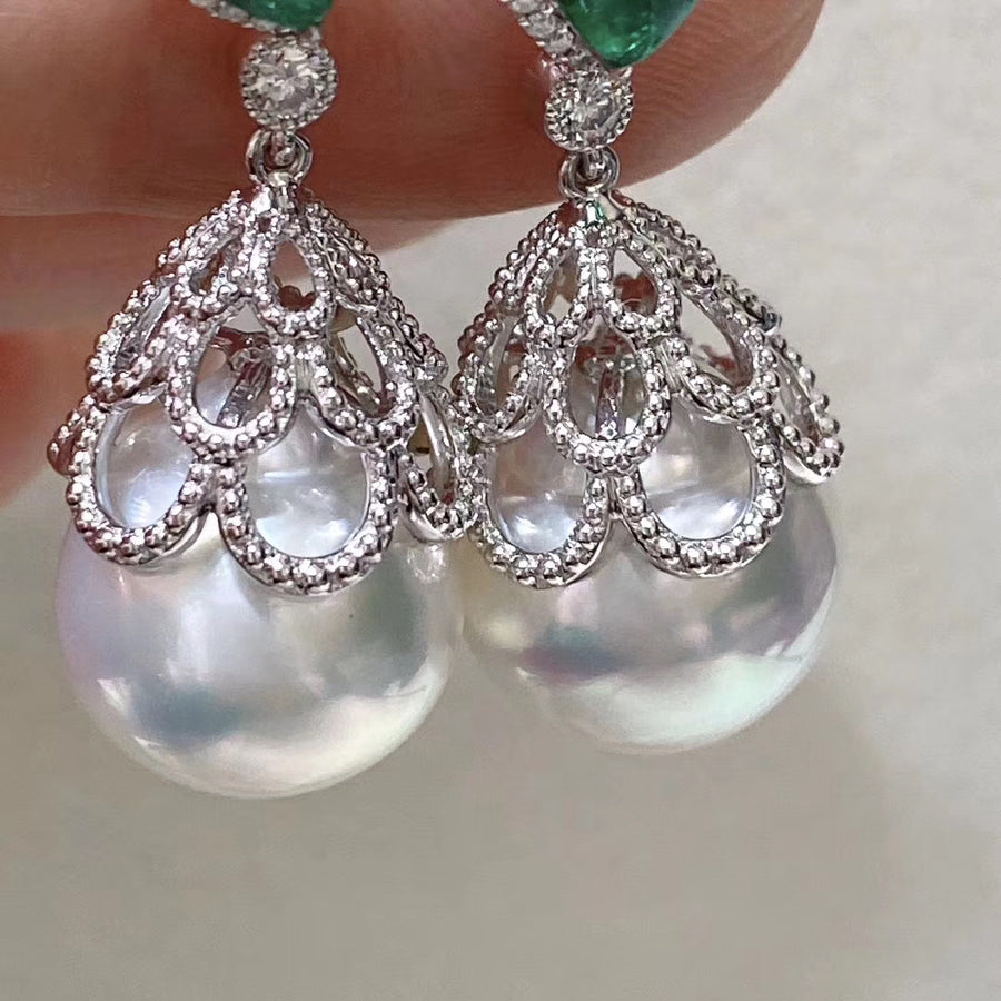 Drop shape Emerald and Australian white south sea pearl earrings