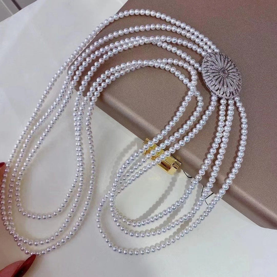 Triple layers Diamond & Akoya fresh water pearl Necklace