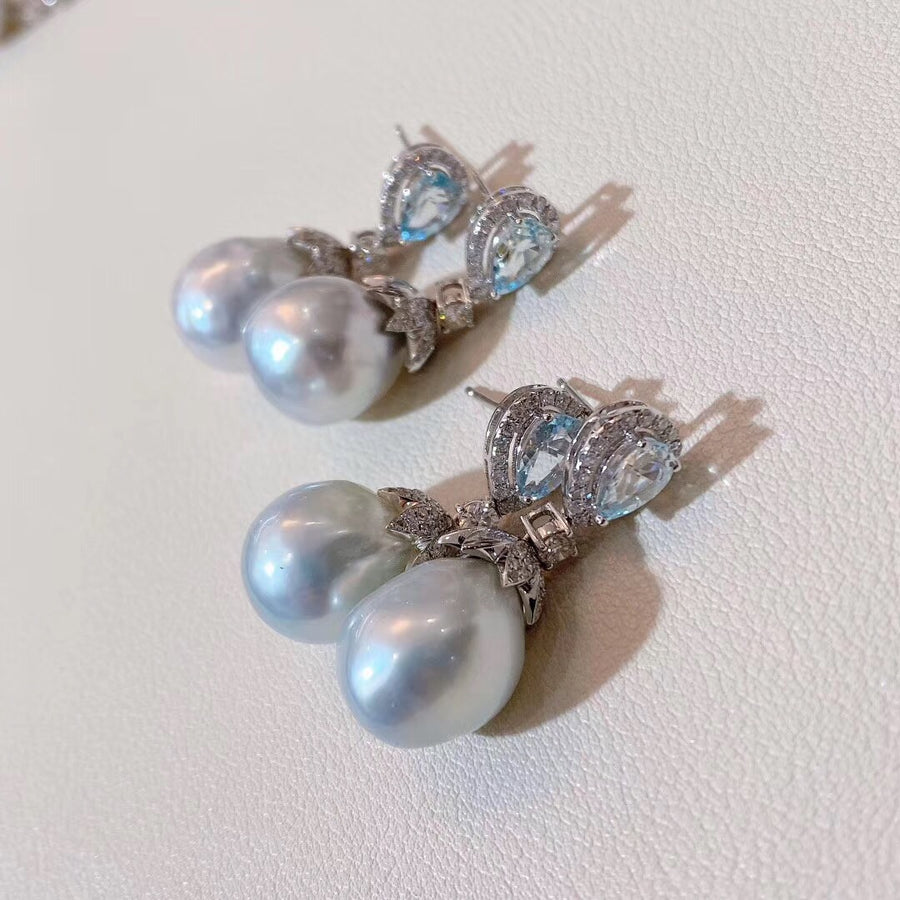 Aquamarine and south sea baroque pearl earrings