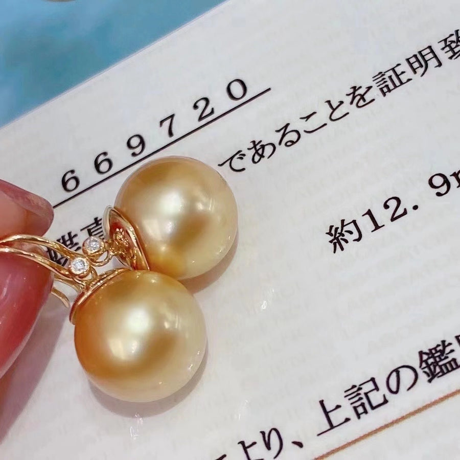 12.9MM Chakin Golden south sea pearl Earrings