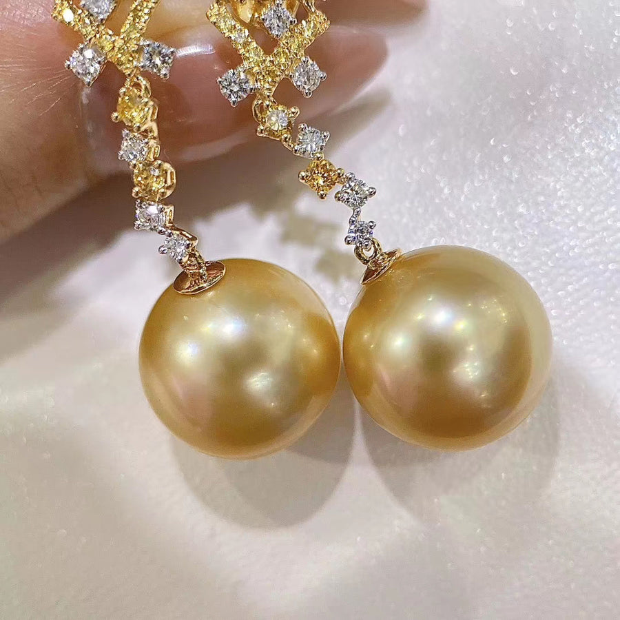 Diamond and Intense Golden south sea pearl Earrings