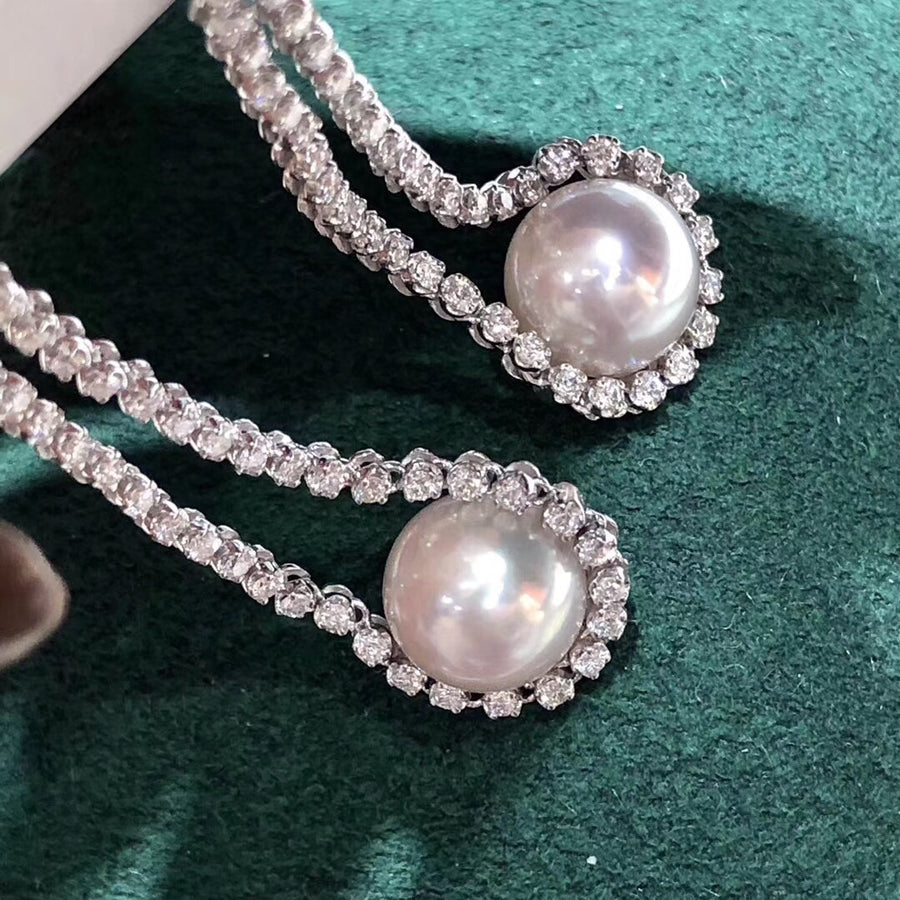 Diamond Chain Akoya Pearl Earrings