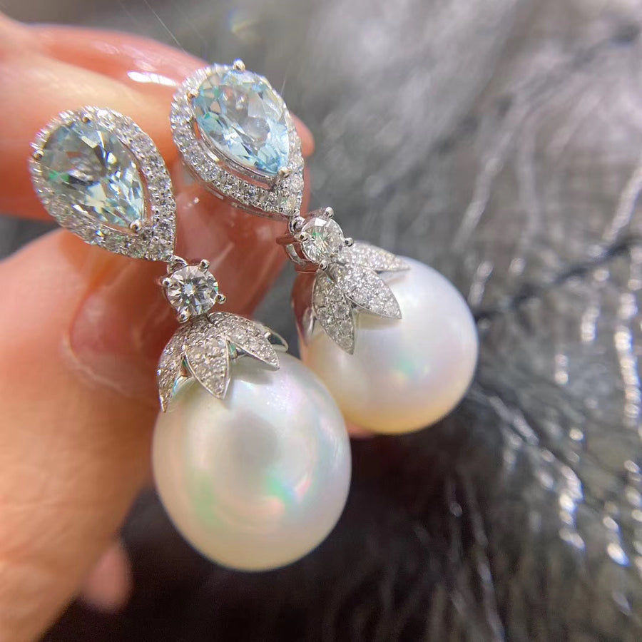 Drop shape Aquamarine and Australian white south sea pearl earrings