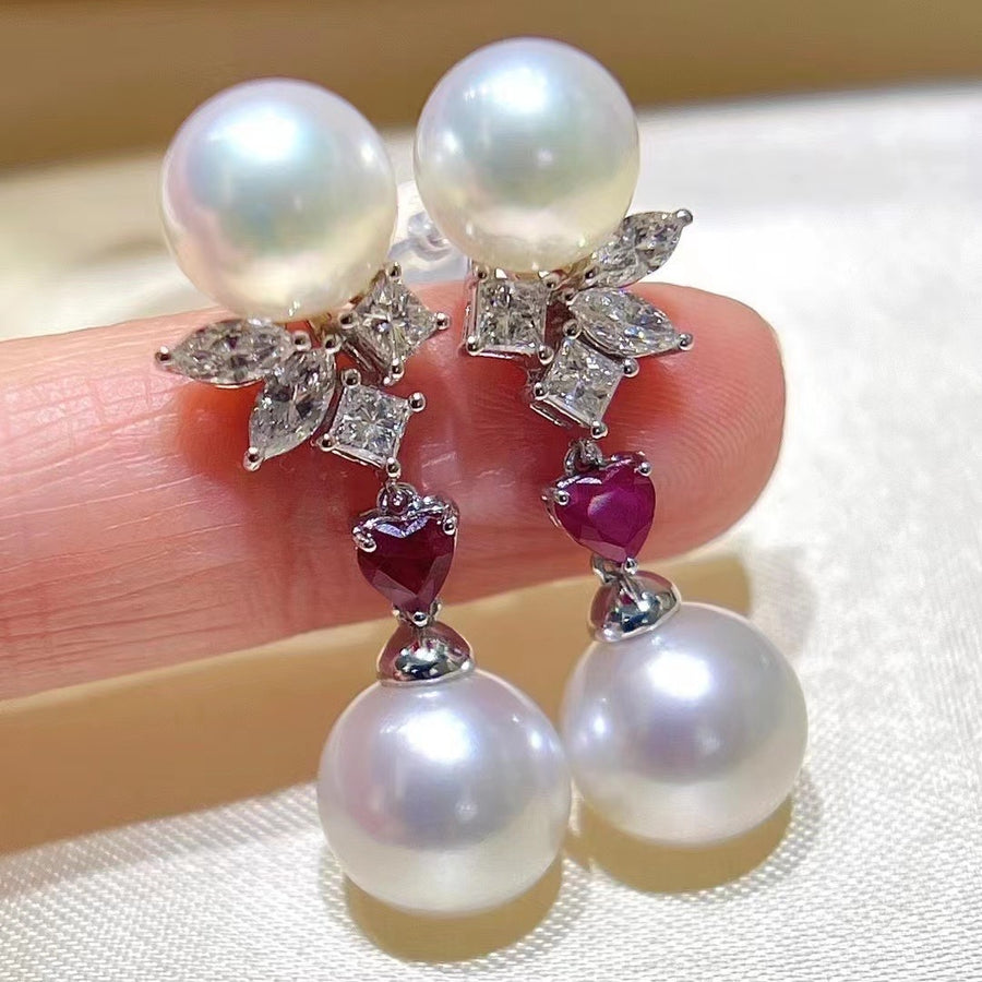 Ruby & Akoya pearl & South Sea pearl Earrings