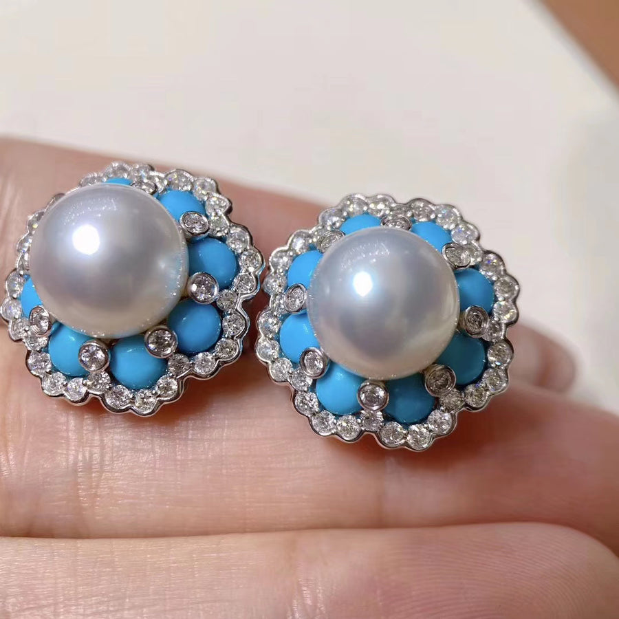 Blue Turquoise and South Sea pearl ear studs