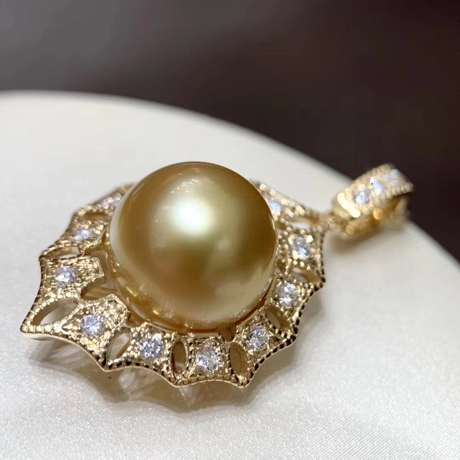 Diamond and Golden south sea pearl Pendant