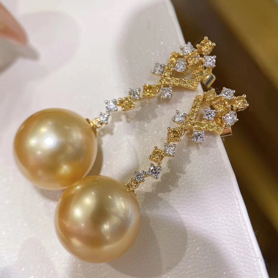 Diamond and Intense Golden south sea pearl Earrings