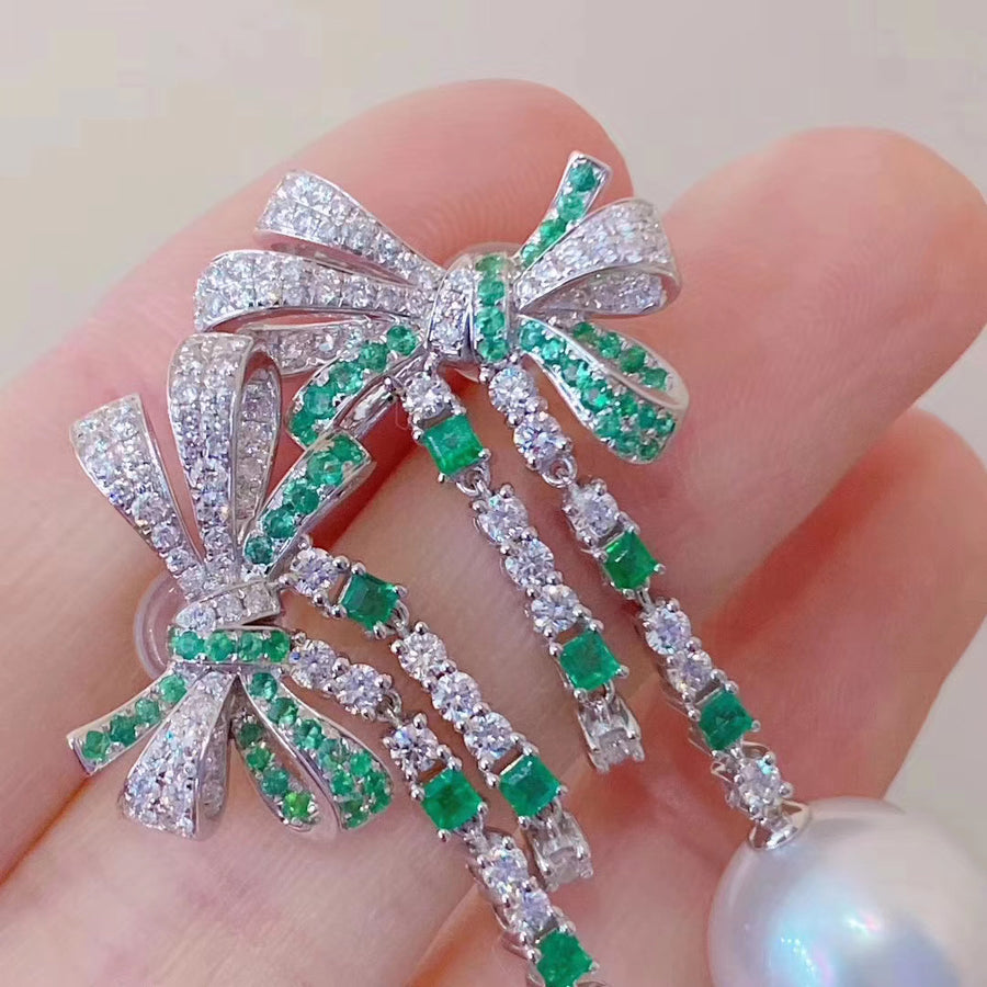 Diamond Emerald and Australian white south sea pearl earrings