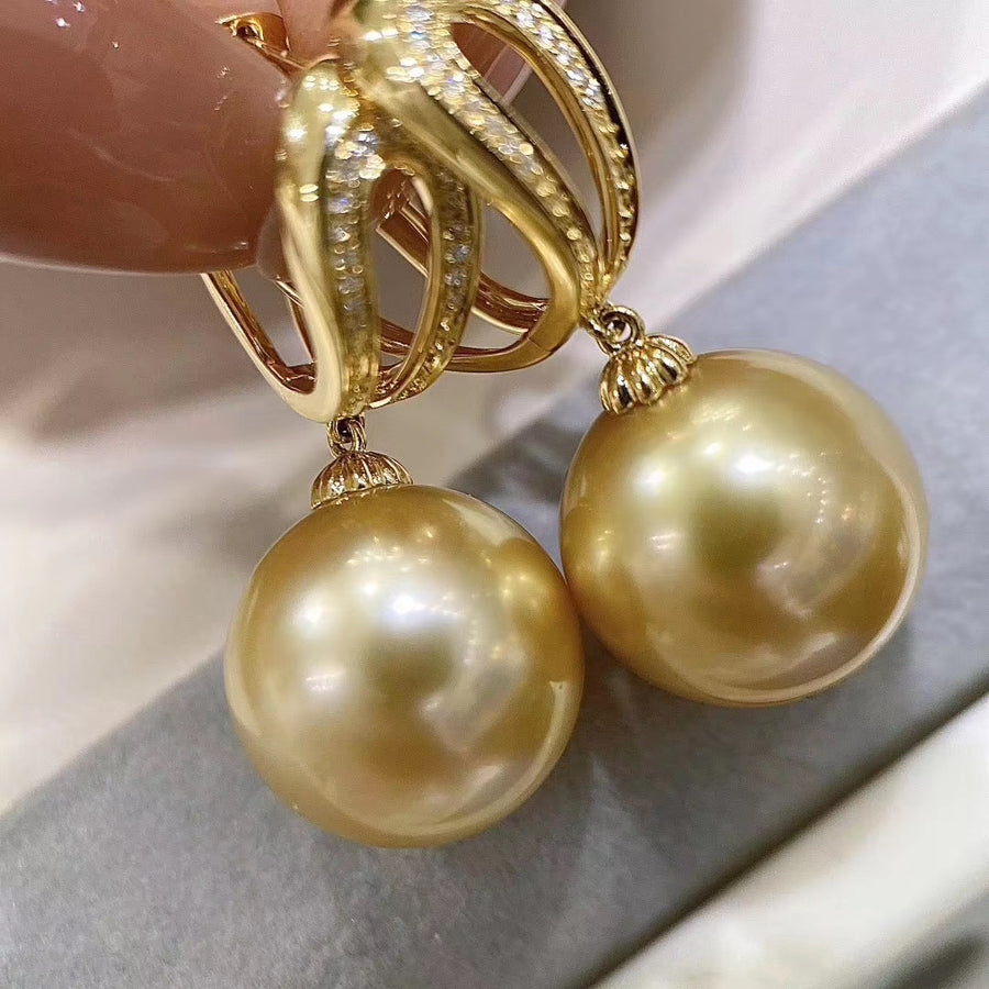 Diamond and Golden south sea pearl Earrings