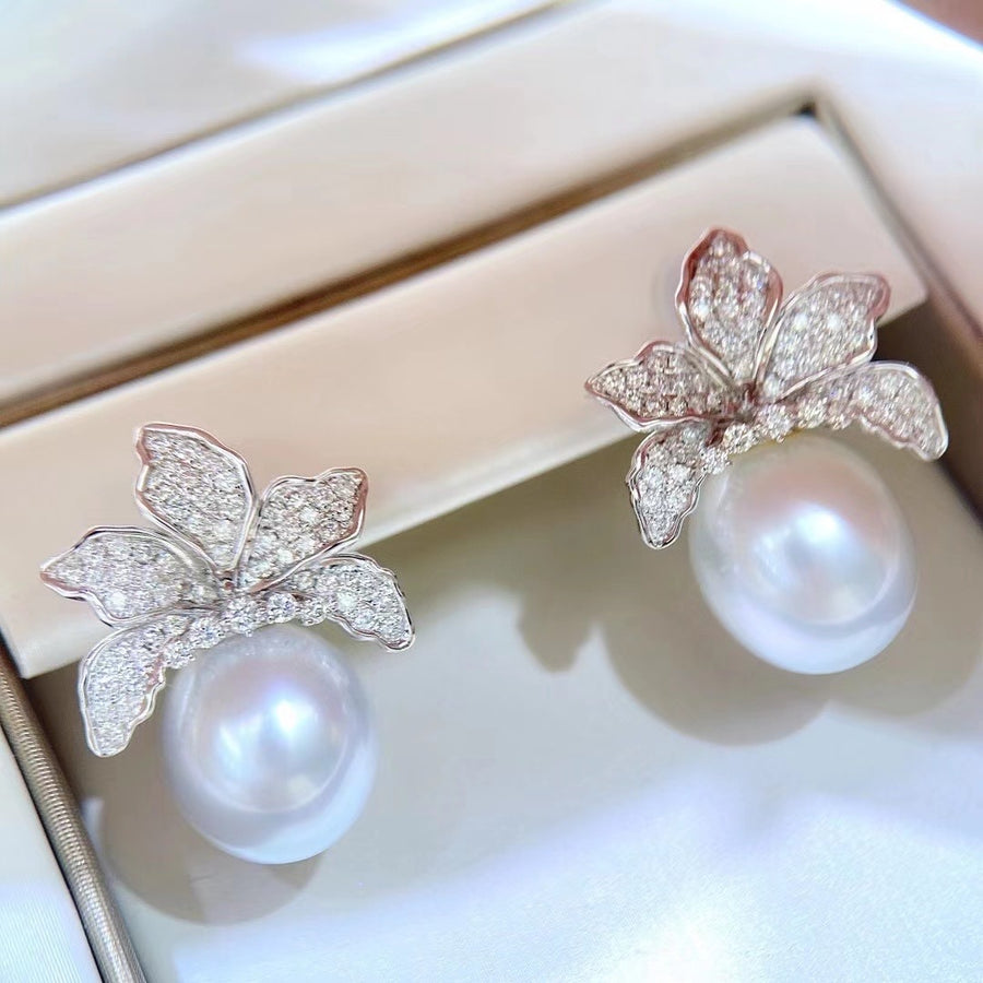 Diamond & Drop shape South Sea pearl Earrings