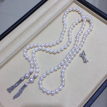 Akoya Pearl Tassel Necklace With Diamond Bow Enhancer