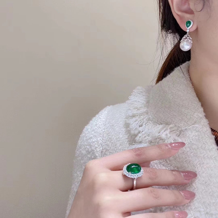 Drop shape Emerald and Australian white south sea pearl earrings