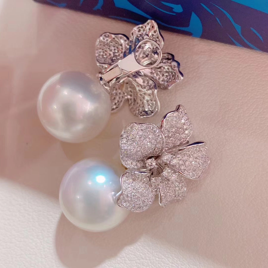 Diamond and Australian white south sea pearl earrings