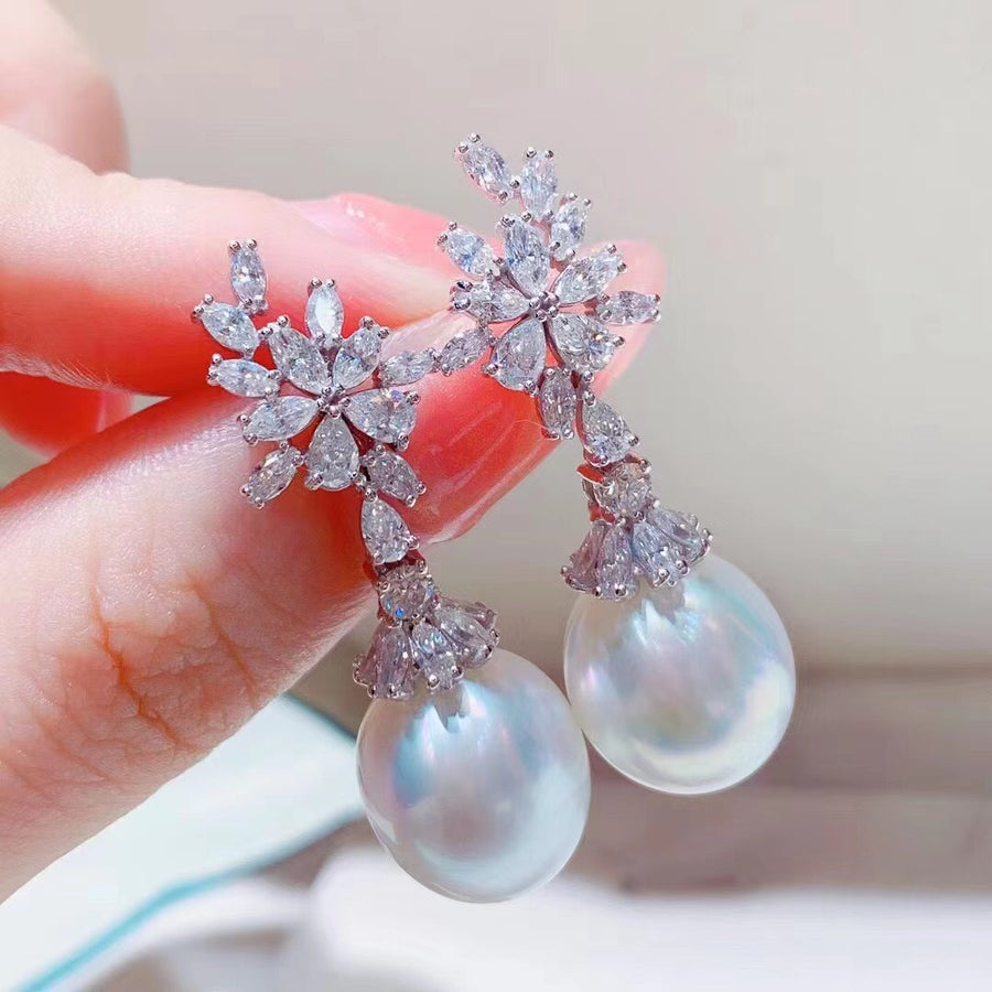 Diamond & Drop shaped South Sea pearl Earrings