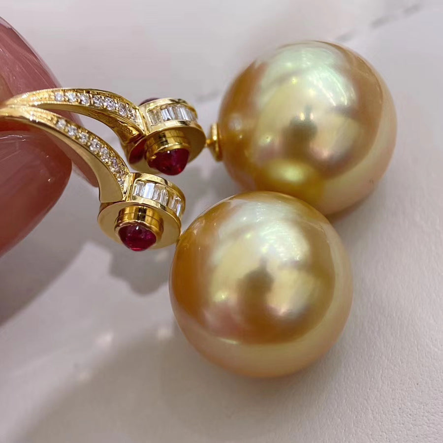 Ruby and Intense Golden south sea pearl Earrings