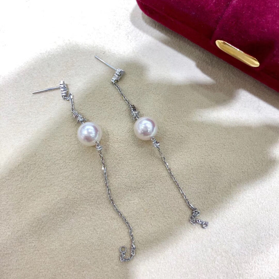 White Gold Chain Akoya Pearl Dangle Earrings