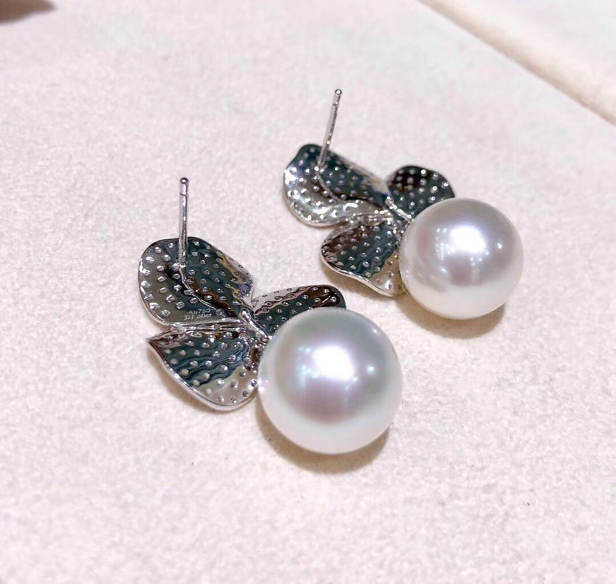 Diamond petal south sea pearl earrings