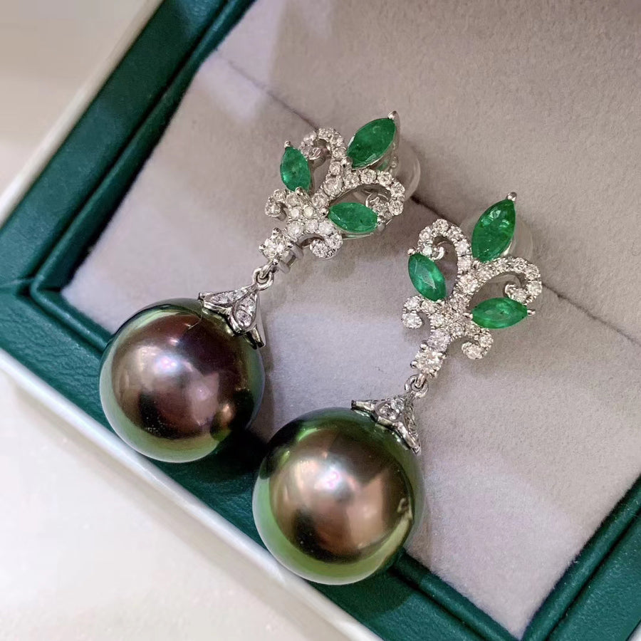 Emerald & Tahitian pearl Ring/Earrings