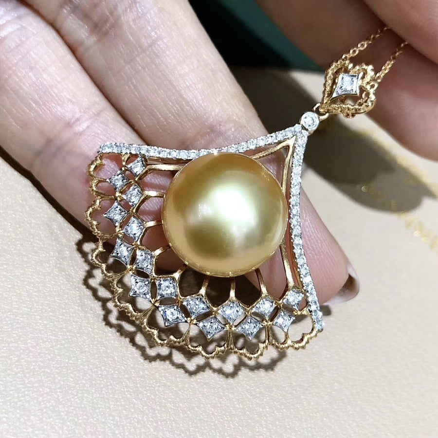 Diamond and Intense Golden South Sea pearl pendant