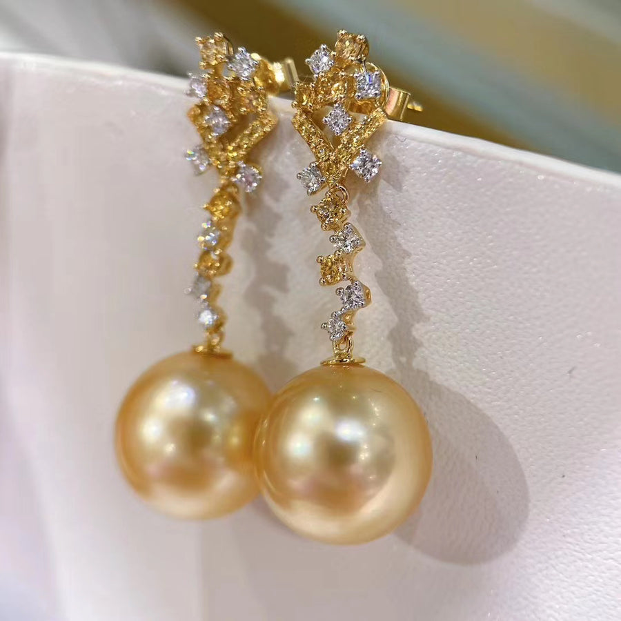 Diamond and Intense Golden south sea pearl Earrings