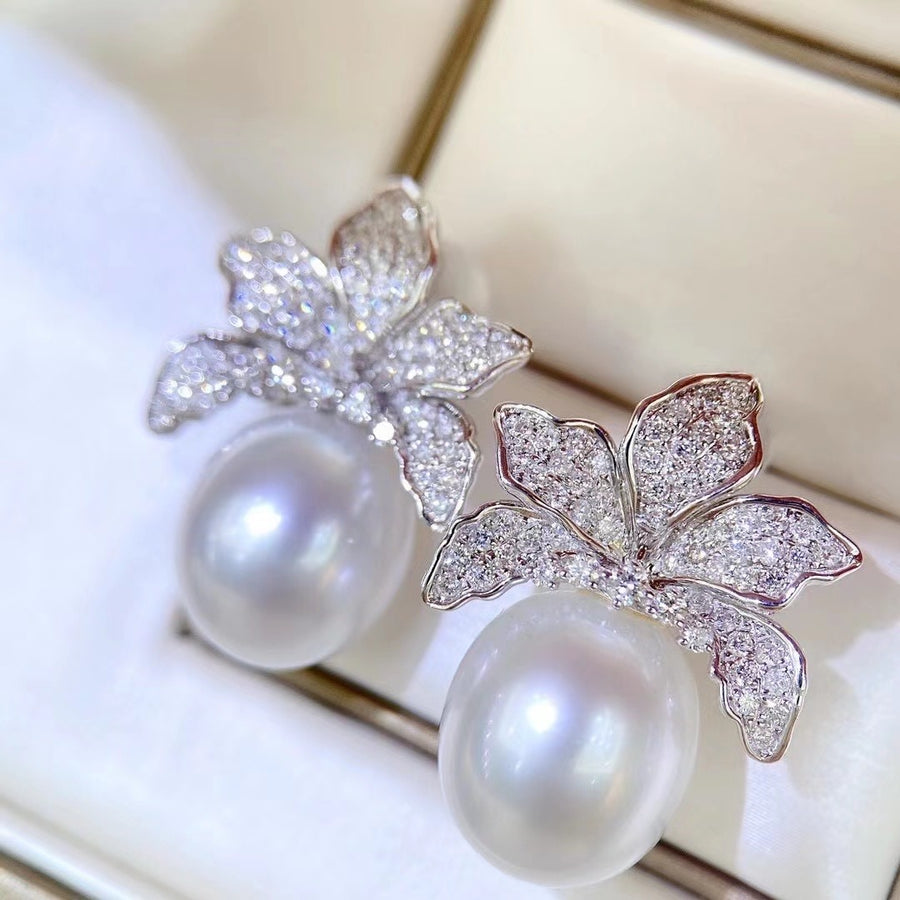 Diamond & Drop shape South Sea pearl Earrings
