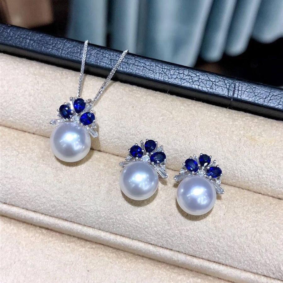 Blue Sapphire & South Sea Pearl Earrings & Pendant Jewelry Set