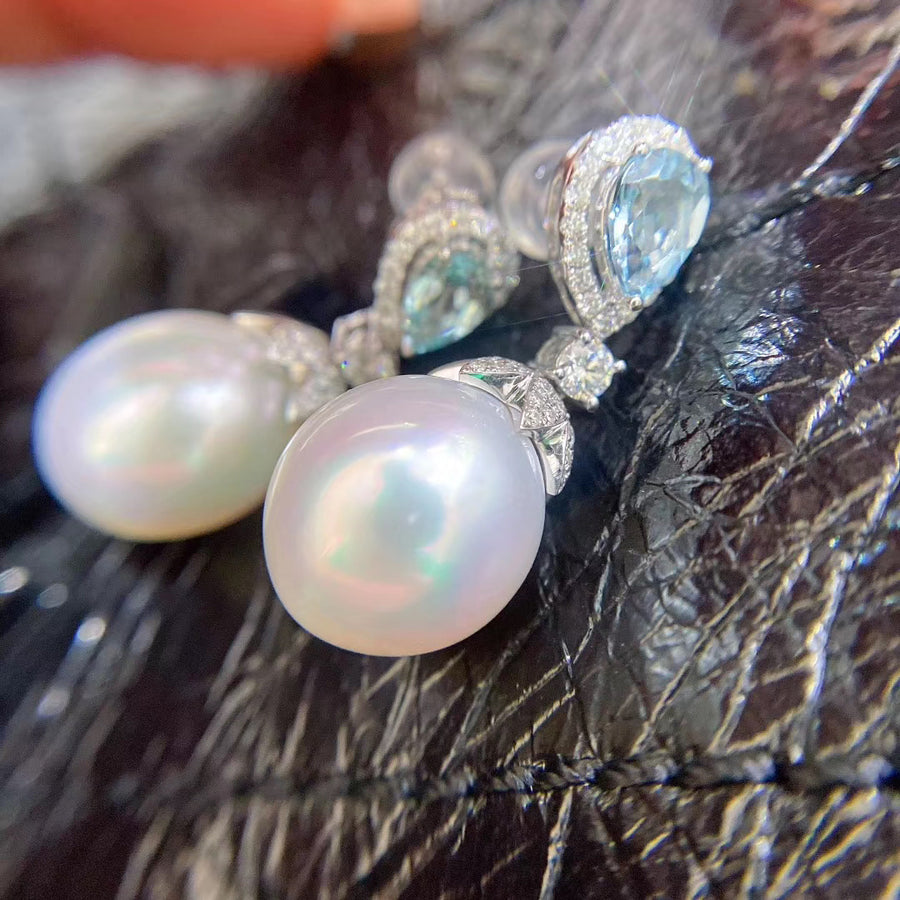 Drop shape Aquamarine and Australian white south sea pearl earrings