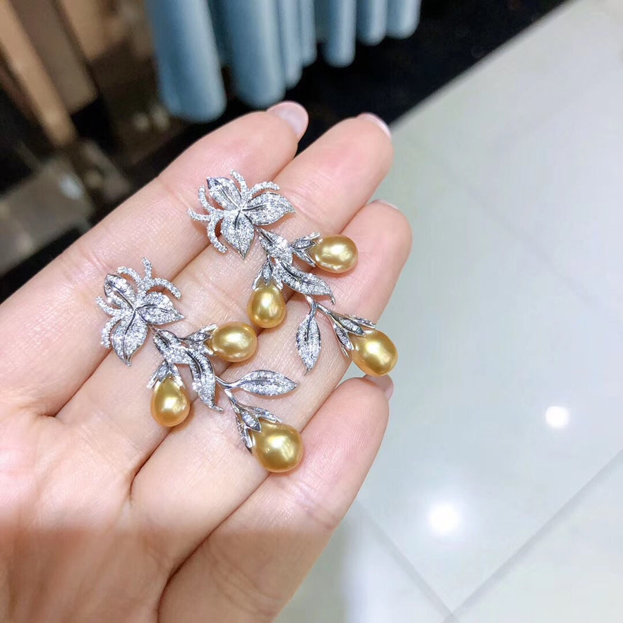 Diamond and golden south sea Keshi pearl earrings
