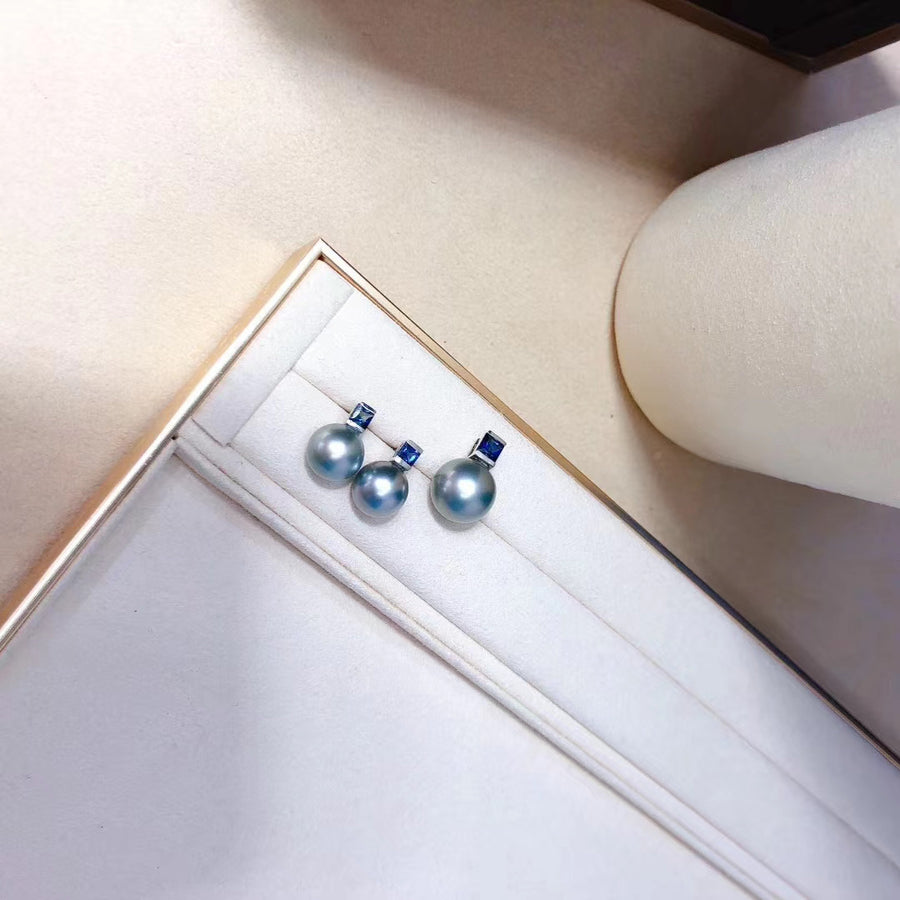 Sapphire and Tahitian pearl Ear Studs and Pendant Set