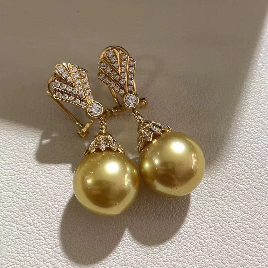 Diamond and golden south sea pearl earrings