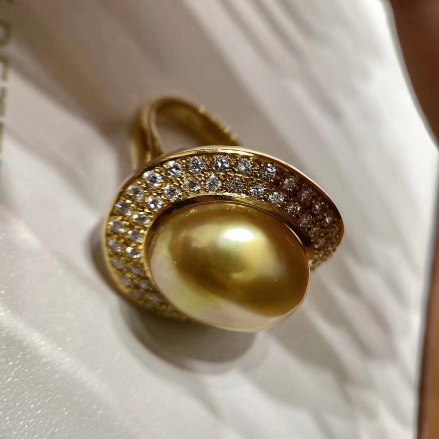 Diamond and Golden south sea Keshi pearl Ring