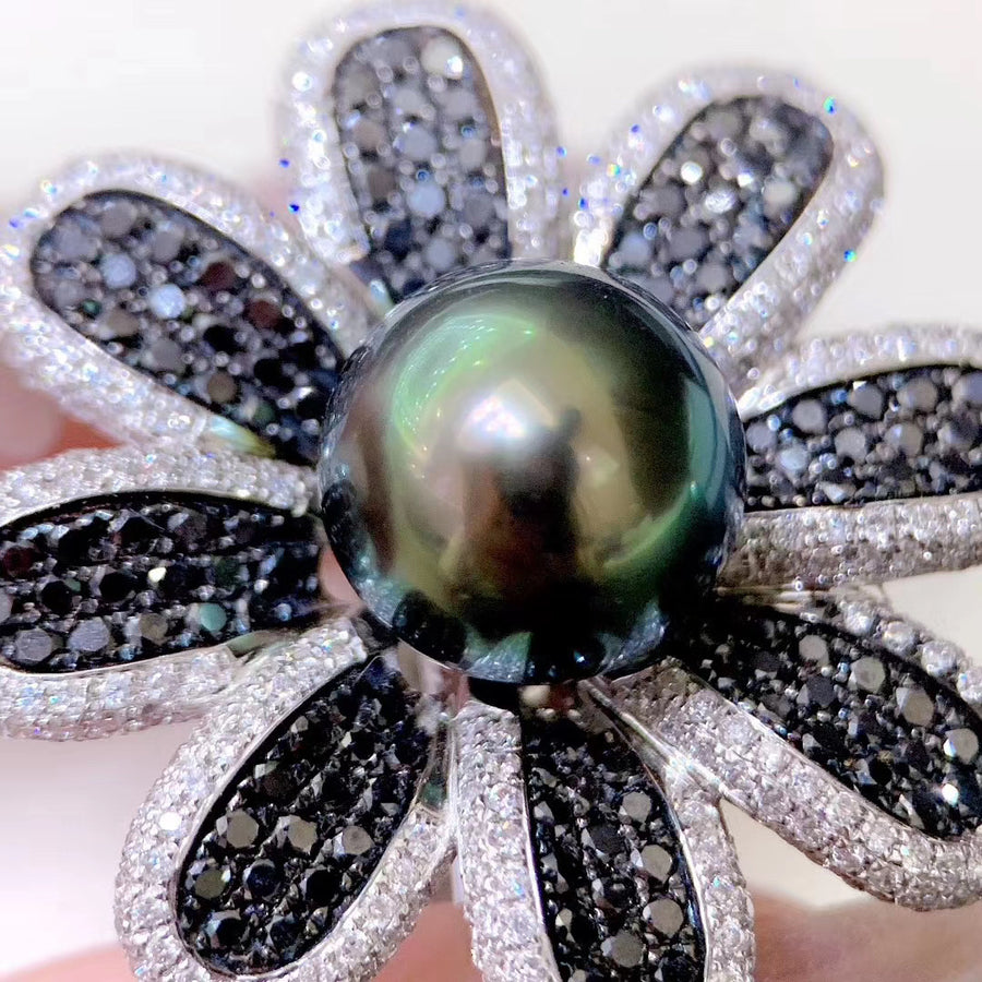 Black diamond & Tahitian pearl Ring