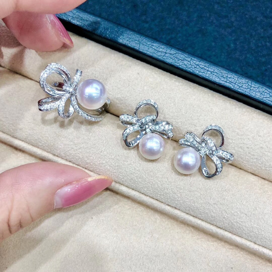 Diamond Bow Akoya Pearl Earrings & Ring Set