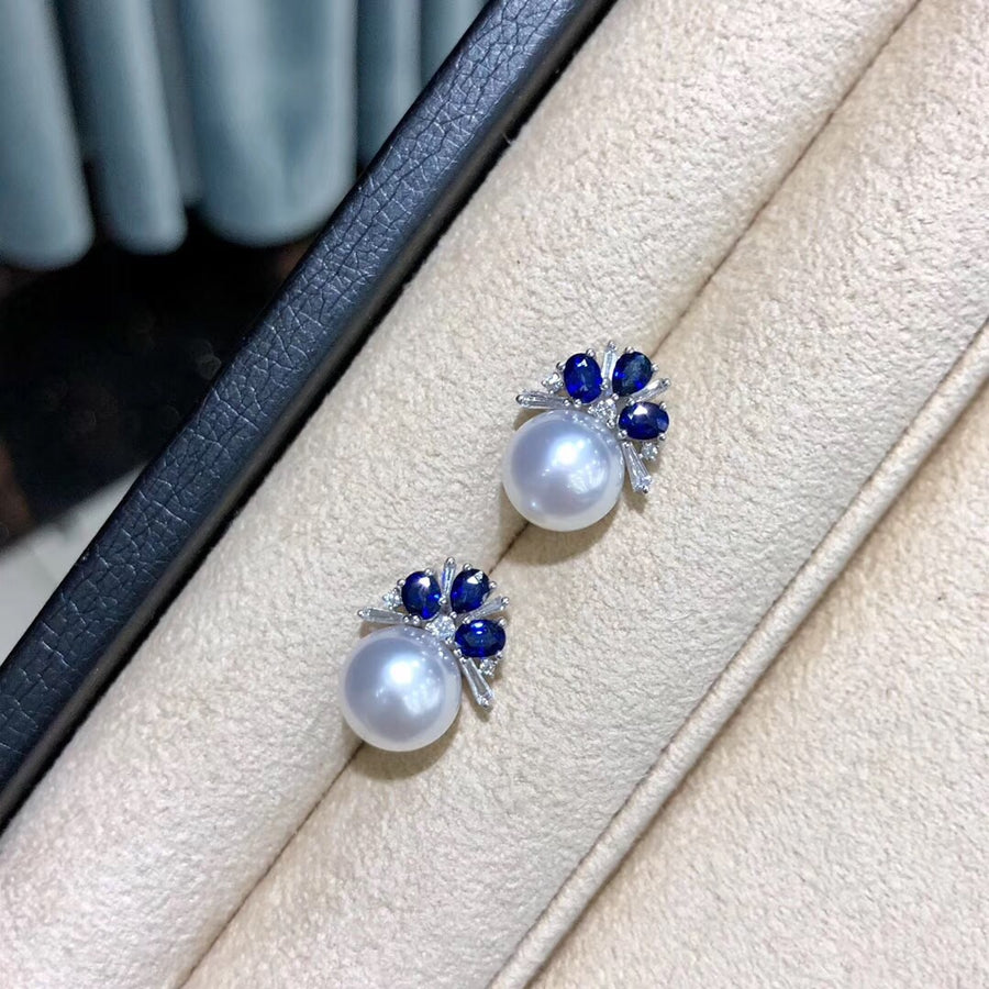Blue Sapphire & South Sea Pearl Earrings & Pendant Jewelry Set