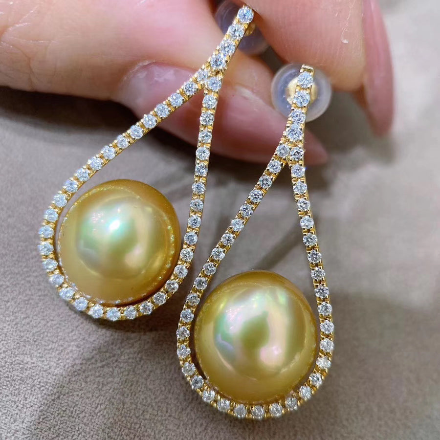 Diamond and Golden south sea pearl earrings