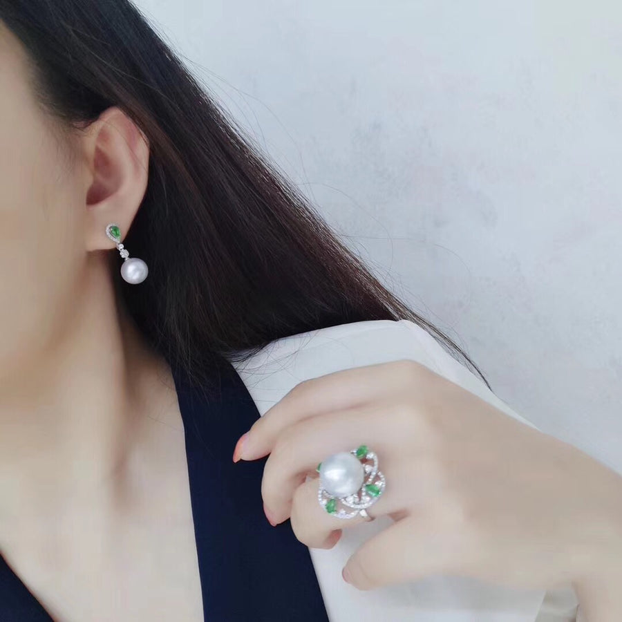 Emerald & White South Sea Pearl Earrings