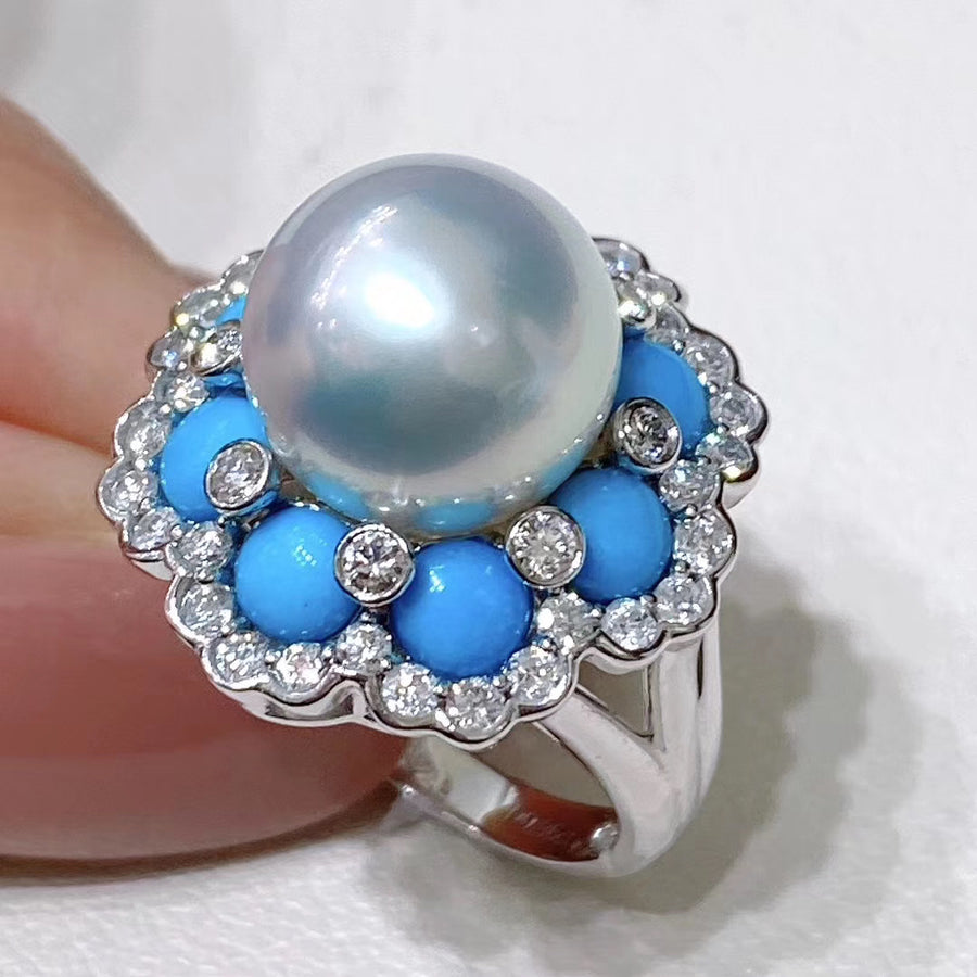Turquoise and Australian white south sea pearl ring