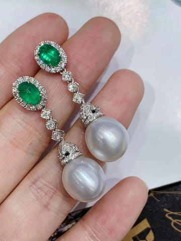 Emerald & South Sea pearl Earrings/Ear Studs