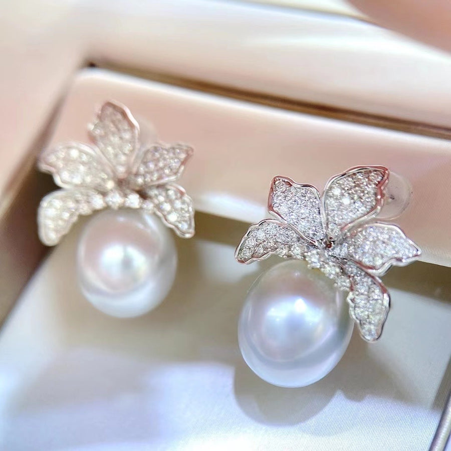 Diamond & Drop shape South Sea pearl Earrings